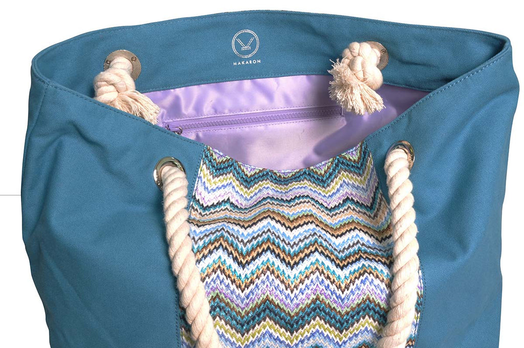 beach tote with waterproof lining and zipper inside pocket