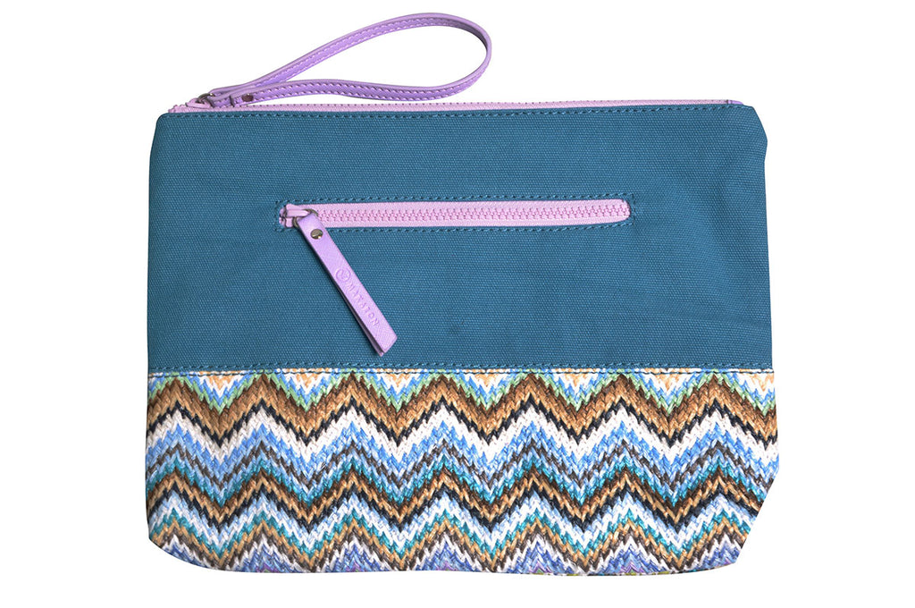 beach pouch with a mix of blue zigzag pattern and canvas