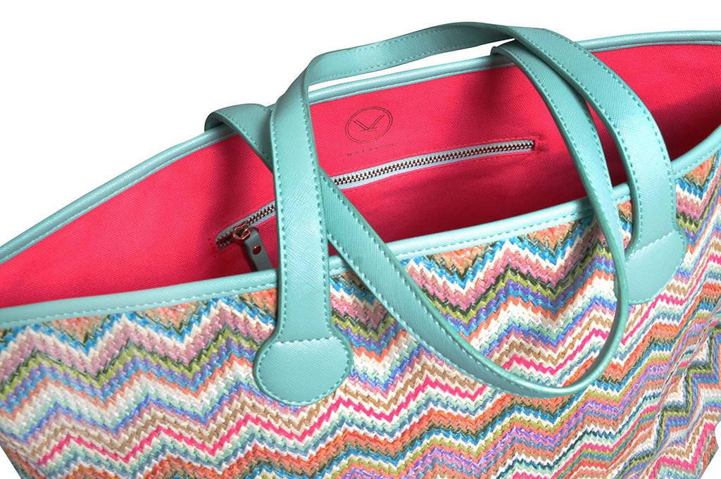 shoulder tote bag with green and pink zigzag and canvas pink lining