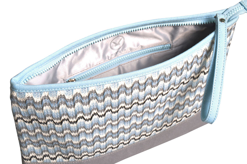grey and light blue cosmetic travel pouch with grey lining
