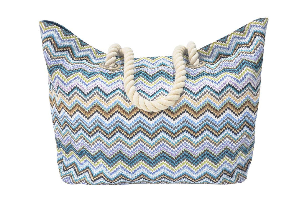 beach bag with blue and teal zigzag pattern
