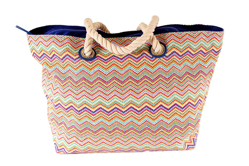 nylon beach bag in rainbow shades, zip closure