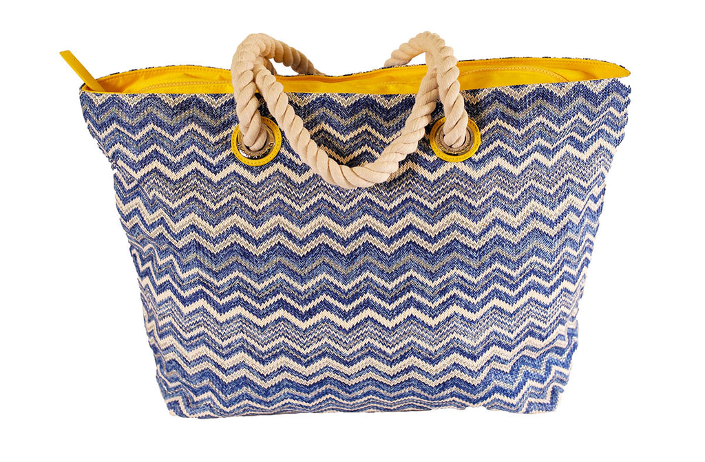 blue and silver zigzag tote bag with cotton handles and zip closure