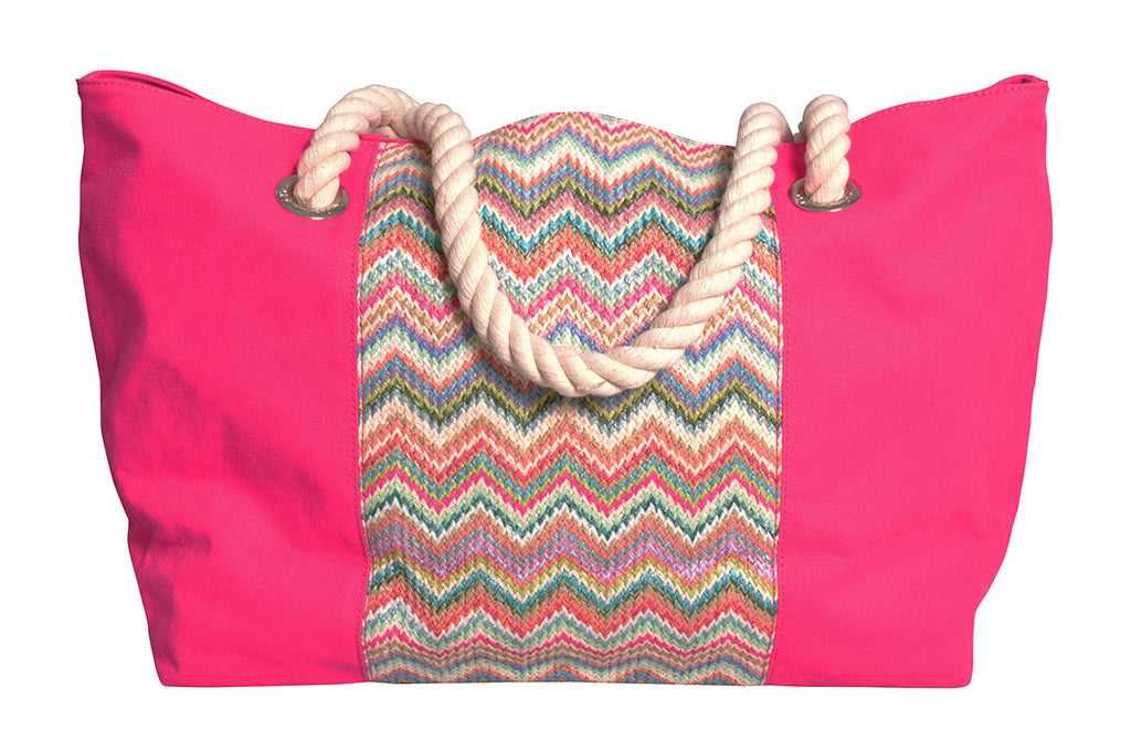Beach bag with green and pink zigzag mixed with pink canvas