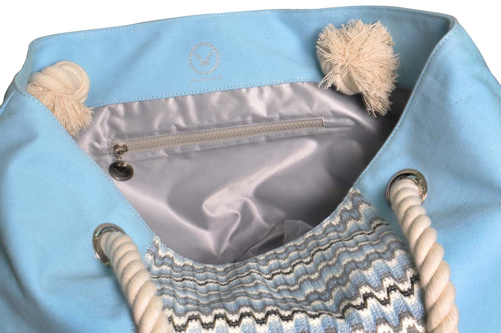 blue beach tote with waterproof grey lining