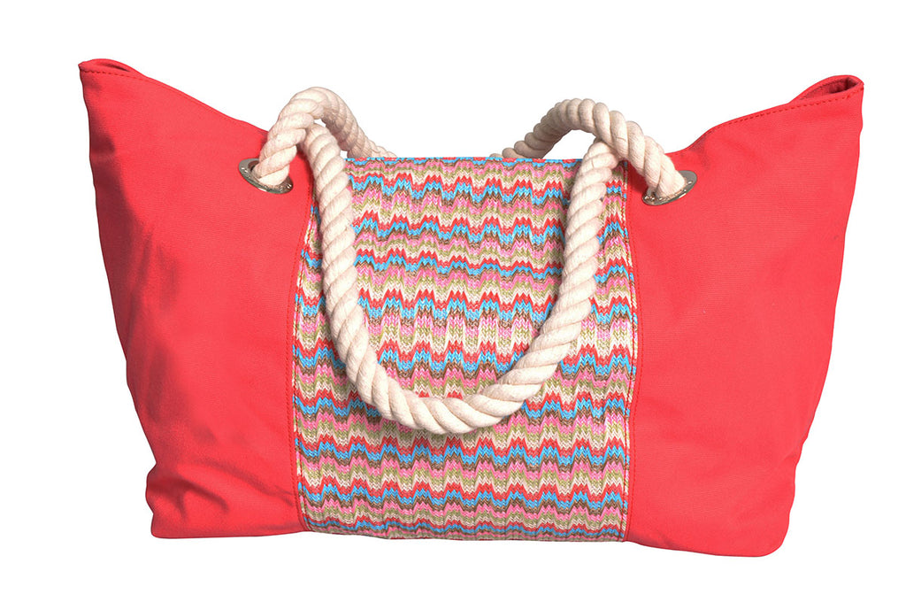 Beach bag with blue, beige and red waves with raspberry red canvas 