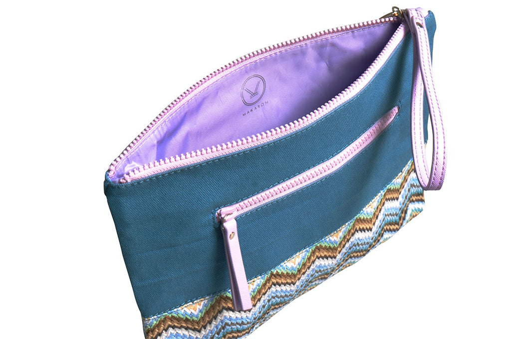 Teal blue pouch with purple lining
