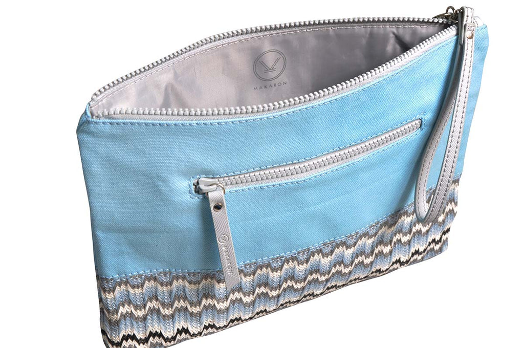 light blue pouch with grey waterproof lining
