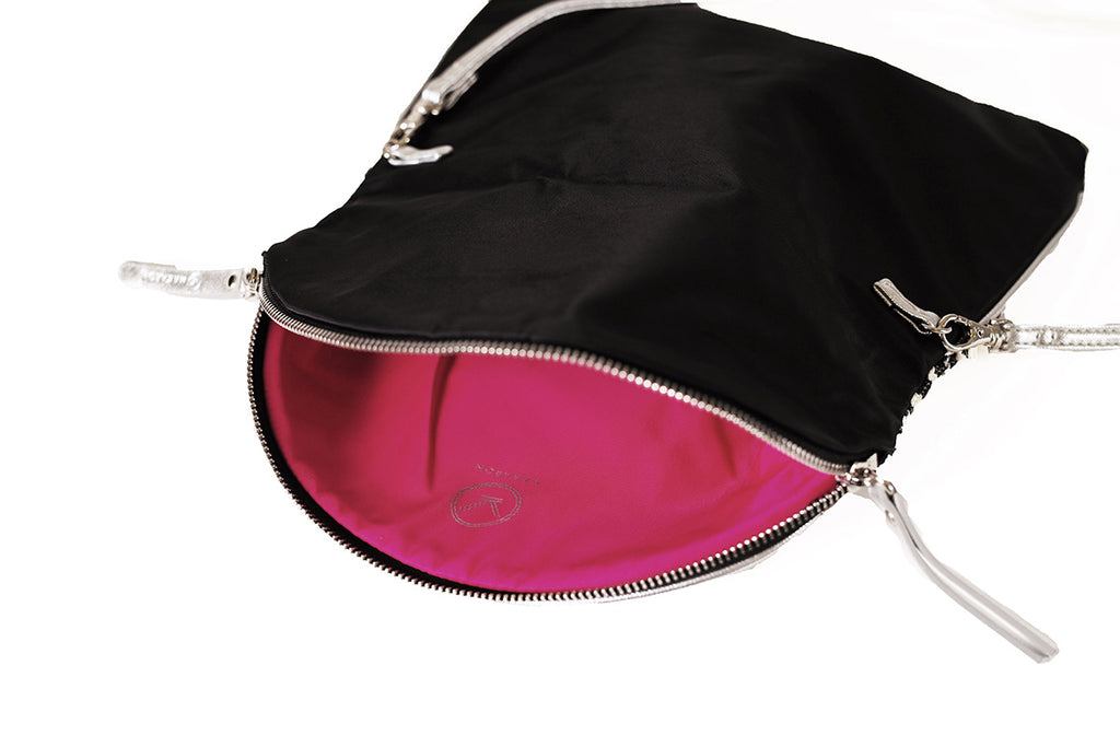 black crossbody bag with pink lining