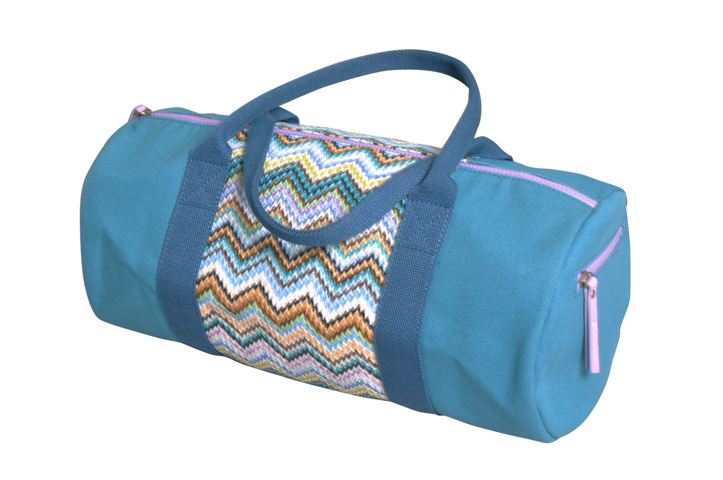 duffle bag with blue, teal & purple zigzag design