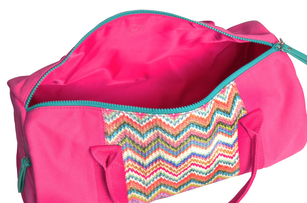 pink canvas duffle bag with pink lining