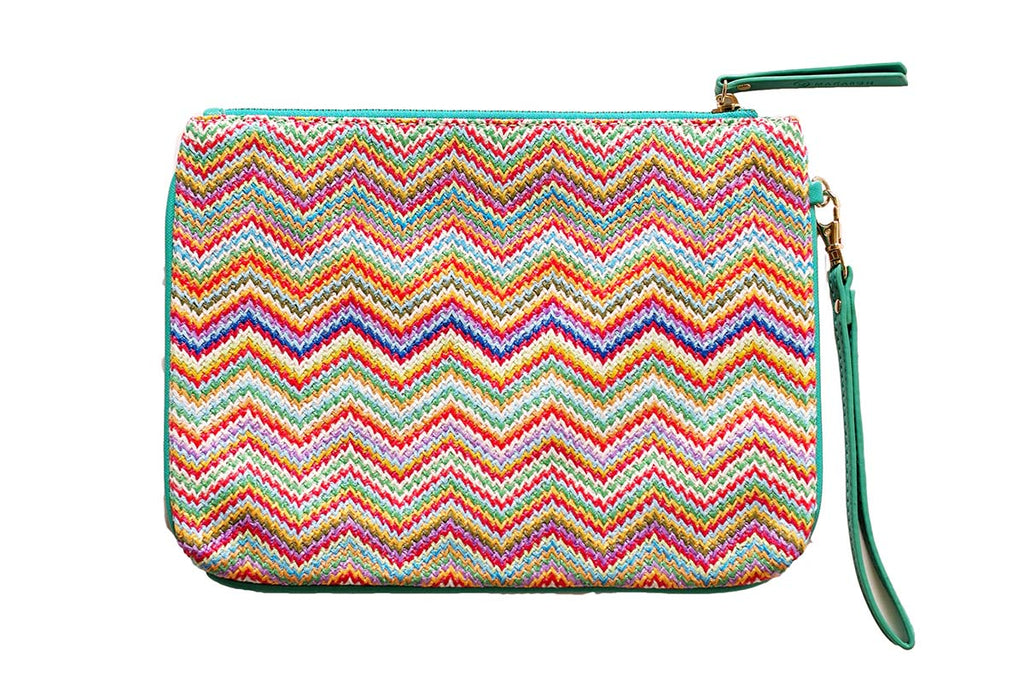 MAKARON's pouch in rainbow shades with green strap