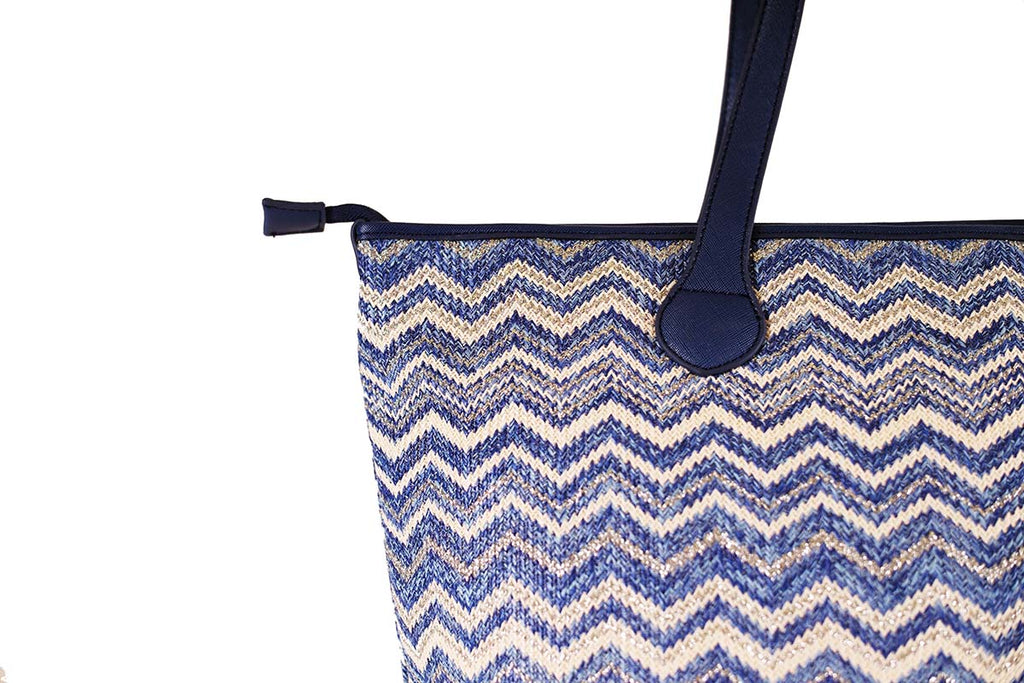 blue and silver tote with zipper