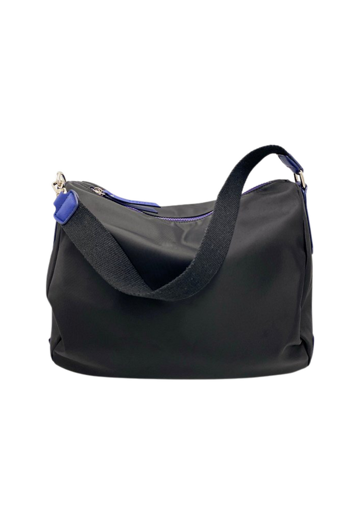 A sporty black and blue lightweight handbag made of waterproof nylon and faux leather with internal pockets and shoulder straps.